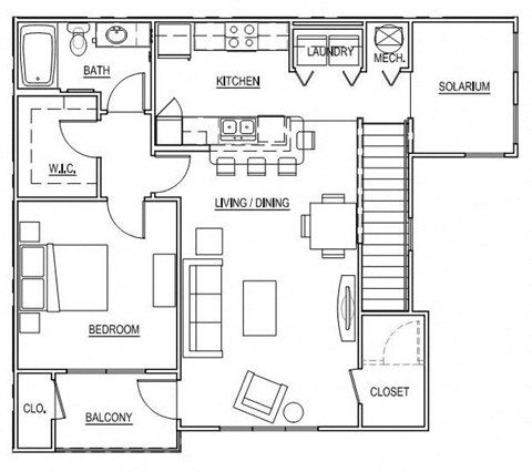 Floor plan for 1 bed, 1 bath, 1099 sqft